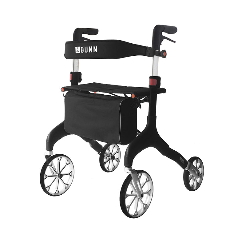 Sort Manhattan udendørs rollator set forfra med sæde, rygstøtte og aftagelig taske