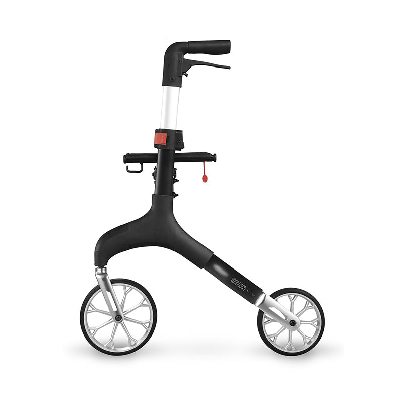 Sort Manhattan udendørs rollator set fra siden i sammenfoldet position, klar til transport