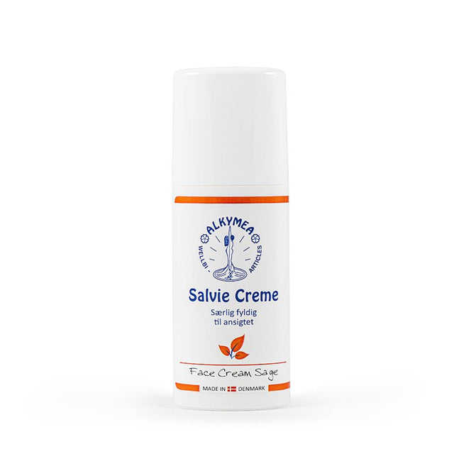 Vit Alkymea Salviakräm i pumpflaska, med orange etikett och texten 'Salvie Creme' för ansiktsvård