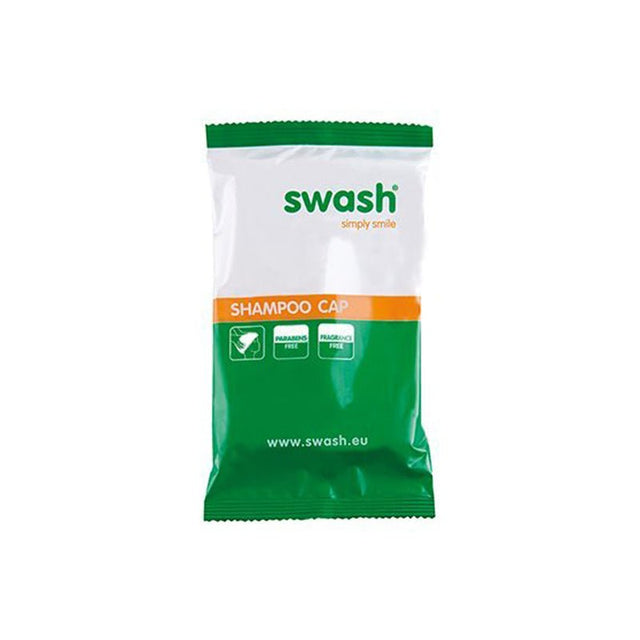 Hvid og grøn emballage til Swash shampoohætte uden duft, set forfra med logo og tekst "Shampoo Cap"
