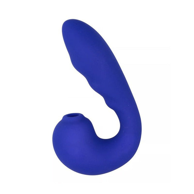 Blå Iris vibrator och stimulator i mjuk silikon, med böjd form för både yttre och inre stimulans