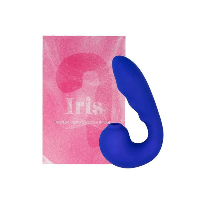 Den blå Iris vibratorn bredvid sin rosa förpackning, med produktnamnet Iris synligt