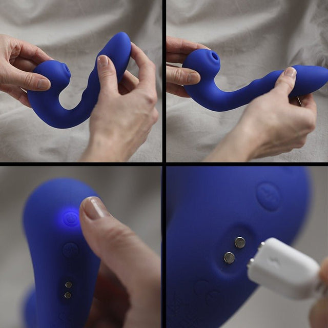 Detaljer av Iris vibrator: flexibel design, lysande kontrollknapp och magnetisk laddningsport