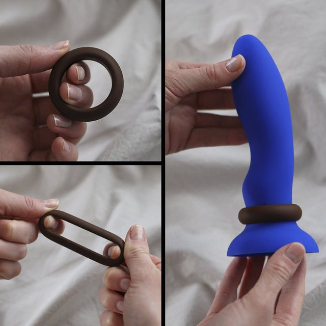 Tre bilder som visar en brun Loop penisring; en hand håller ringen, en hand sträcker den, och ringen sitter runt en blå dildo