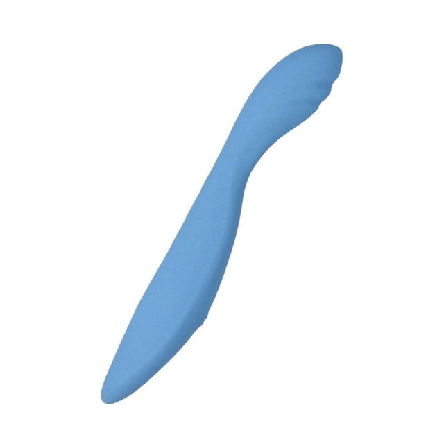 Blå Penny vibrator i flexibel silikon, sedd snett uppifrån mot vit bakgrund