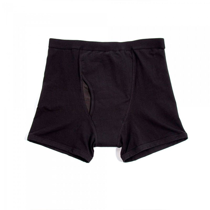 Sorte Conni inkontinens boxershorts til mænd, set forfra med tydelig gylp