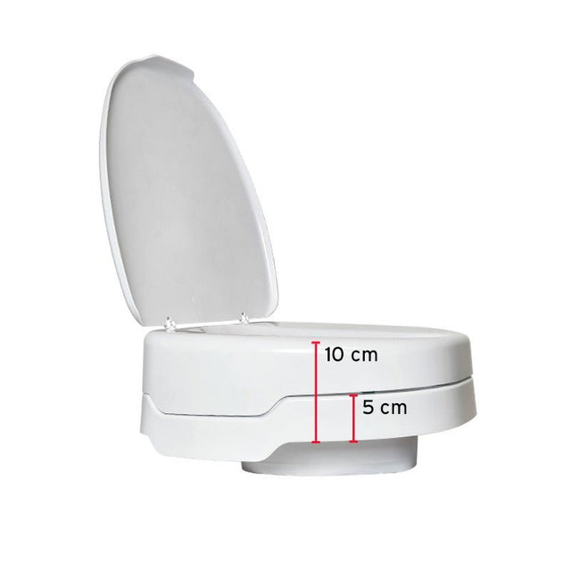 Hvid Ezy-Fit toiletforhøjer med åbent låg, set fra siden, viser 5 og 10 cm højde