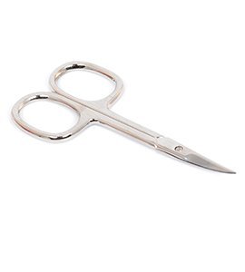 Liten spetsig nagelsax i silverfärgad metall för att klippa hud och nagelband, sedd uppifrån