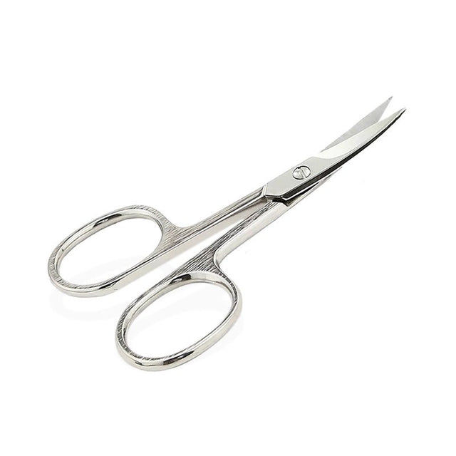 Silverfärgad nagelsax med böjt blad och texturerade handtag, sedd snett uppifrån