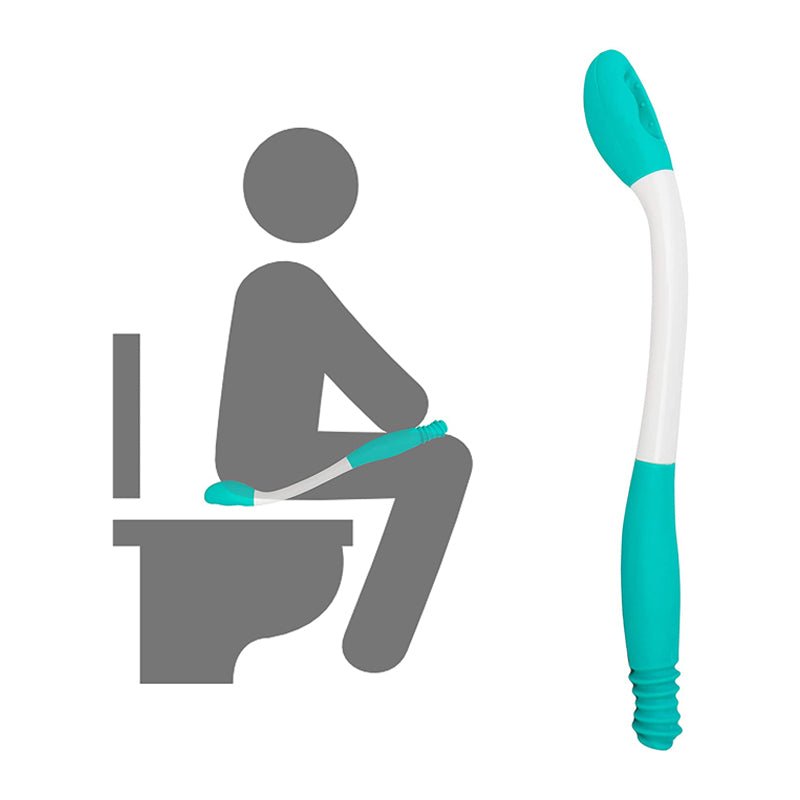 Illustration af en person, der bruger numsetørreren på toilettet, med produktet stående ved siden af