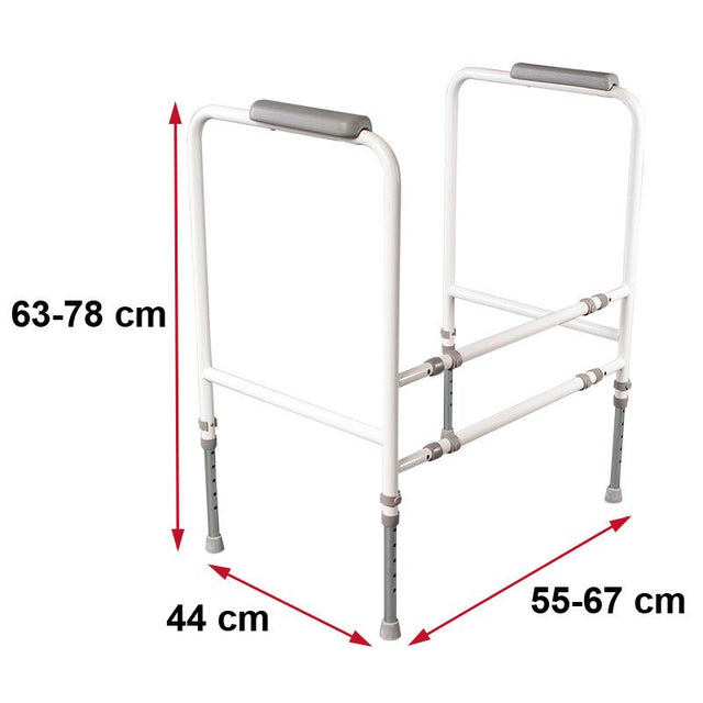 Justerbar toiletstøtte vist med mål for højde (63-78 cm), dybde (44 cm) og bredde (55-67 cm)
