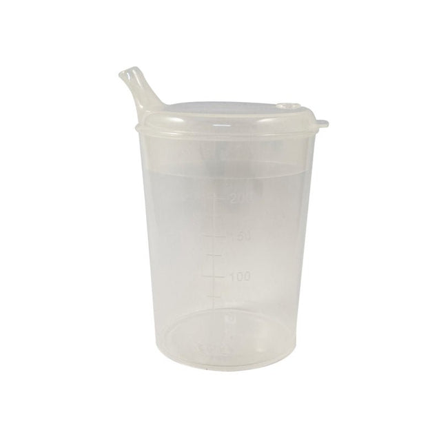 Transparent pipmugg med lock och anatomiskt utformat pipmunstycke, tydlig måttskala på sidan