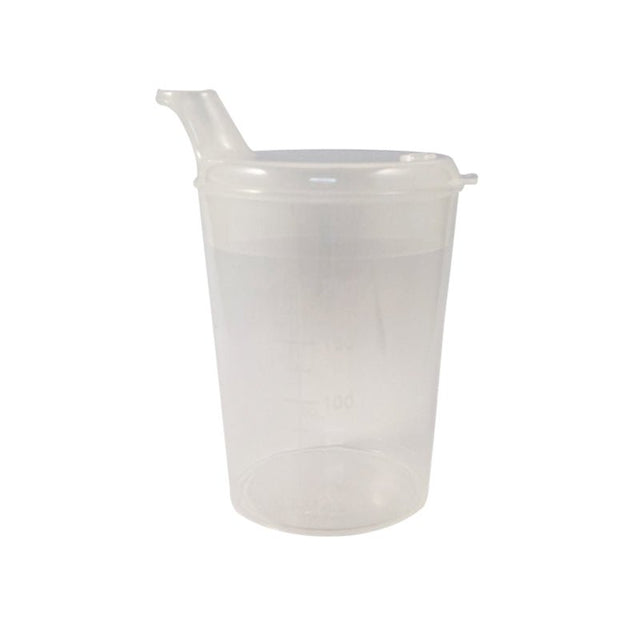 Transparent pipmugg i plast med anatomiskt format munstycke och måttangivelser, sedd rakt framifrån