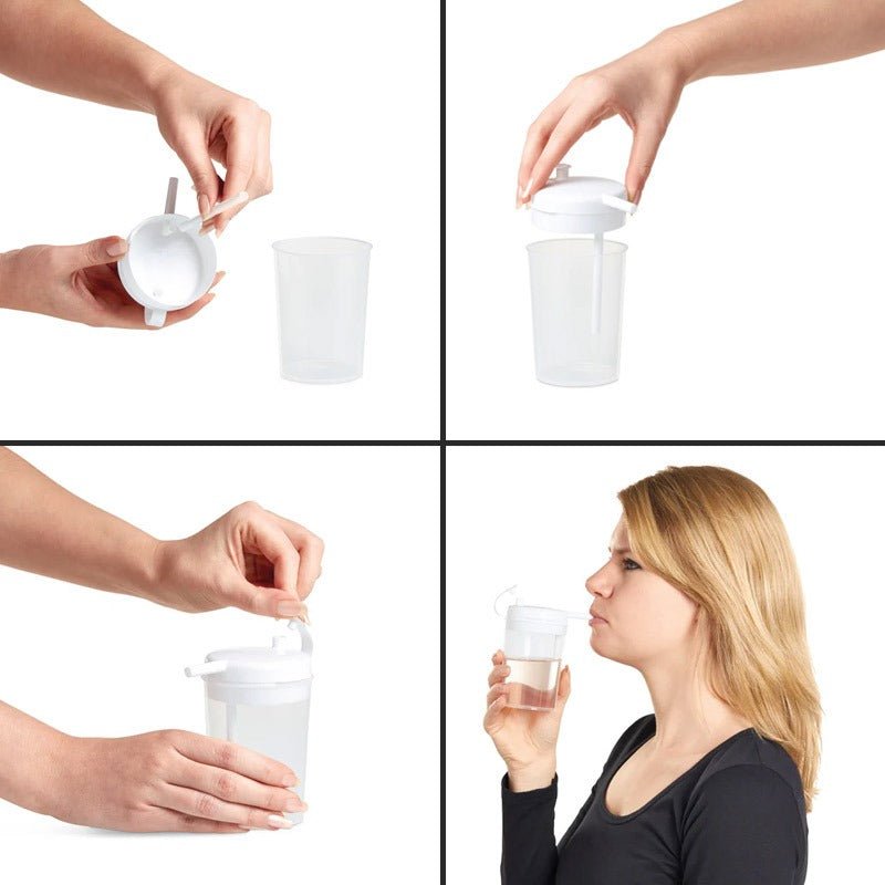Fyra bilder som visar hur man monterar och dricker ur en transparent pipmugg