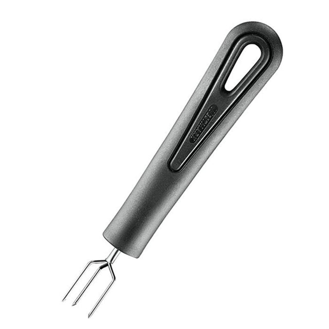 Svart potatishållare med ergonomiskt handtag och tre silverfärgade metallpiggar, fotograferad snett uppifrån