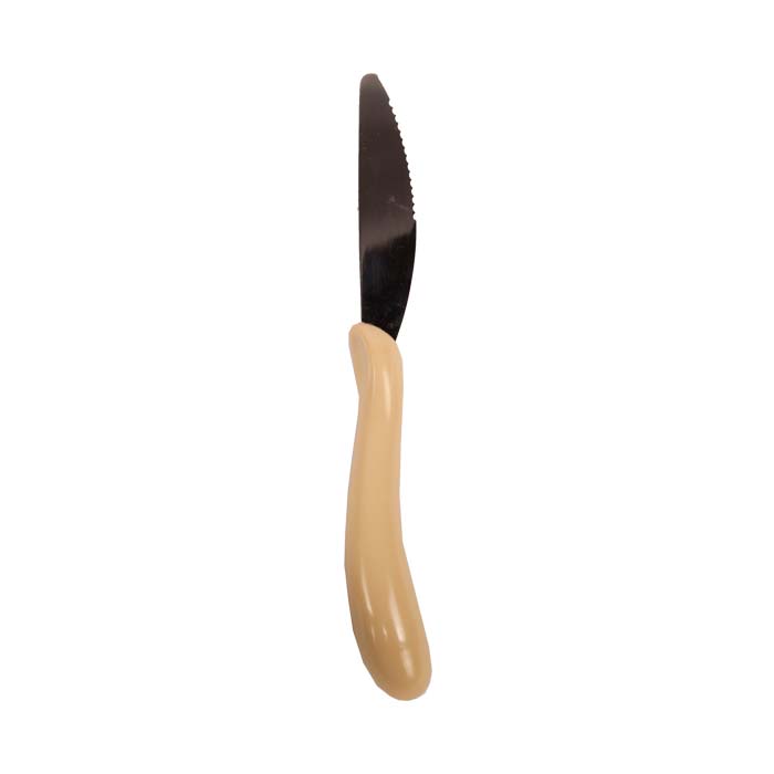 Rak ergonomisk kniv med tandat blad och ett tjockt, beige handtag för ett säkert grepp