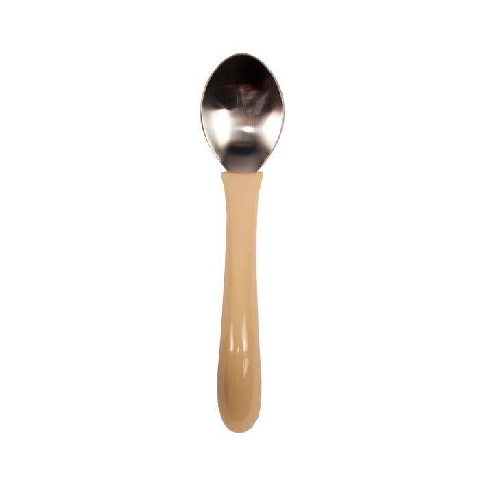 Rak ergonomisk sked med blank metallskopa och ett tjockt, beige handtag för bättre grepp