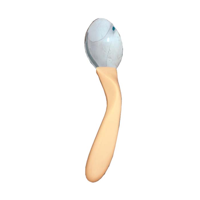 Ergonomisk sked med böjd metallskopa och beige handtag, utformad för högerhänta användare
