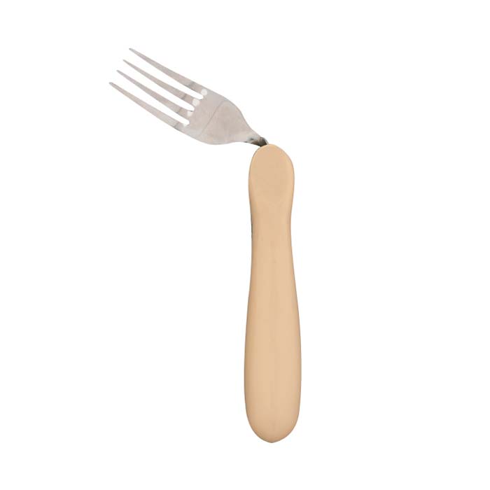 Ergonomisk gaffel med böjd metall och beige handtag, utformad för vänsterhänta användare