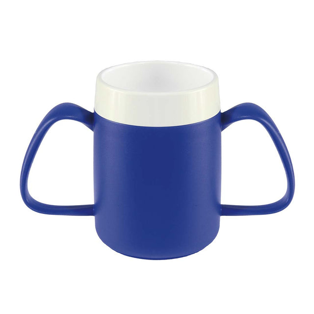 Blå ergonomisk mugg med två stora handtag och vit insida, sedd framifrån på vit bakgrund