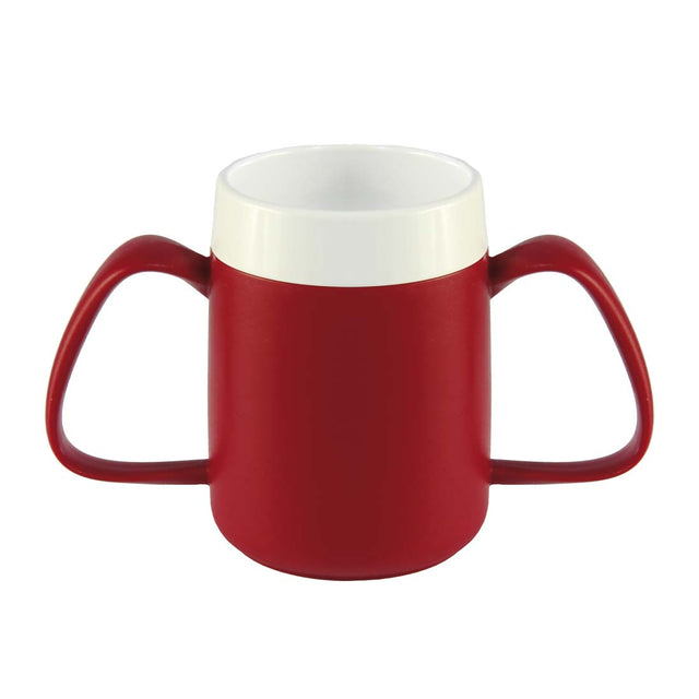 Röd ergonomisk mugg med dubbla handtag och vit insida, fotograferad rakt framifrån