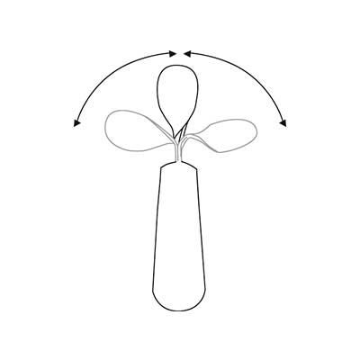 Illustration av en böjbar sked som kan vinklas upp till 90 grader åt sidan för enklare användning