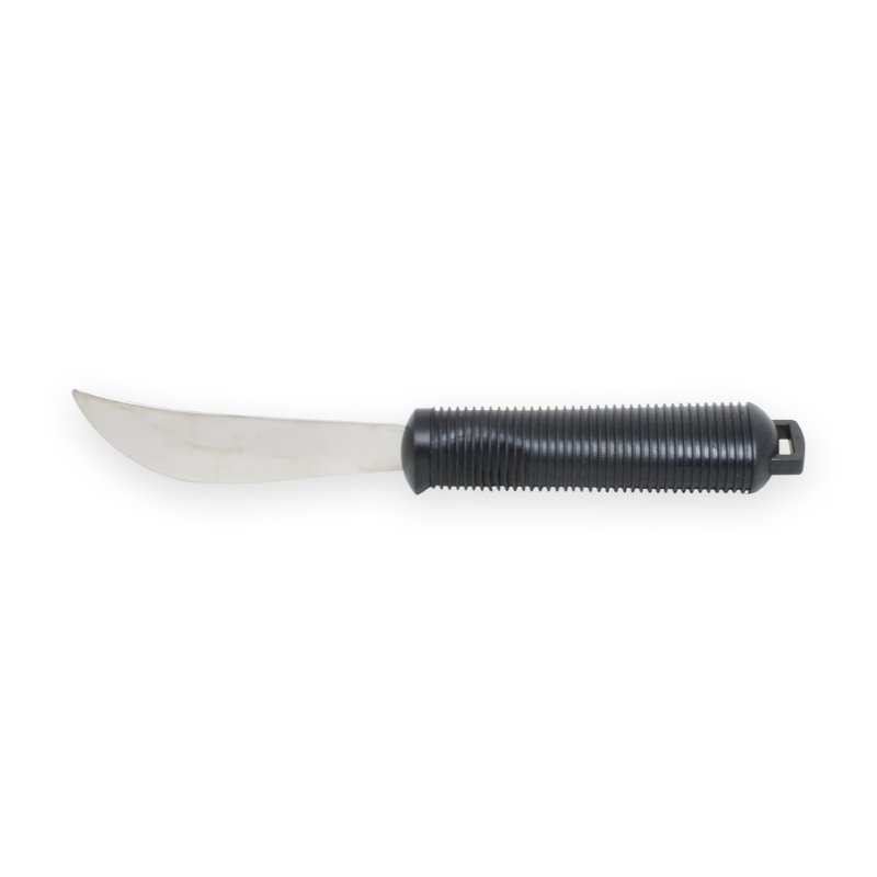 En ergonomisk kniv med ett tjockt, räfflat svart antihalkgrepp och en silverfärgad böjd klinga