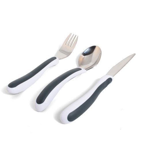 Bestickset med gaffel, sked och tandad kniv med ergonomiska, tvåfärgade handtag i vitt och mörkgrått