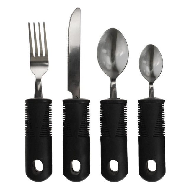 Bestickset med fyra delar: gaffel, kniv, sked och tesked med svarta ergonomiska komfortgrepp