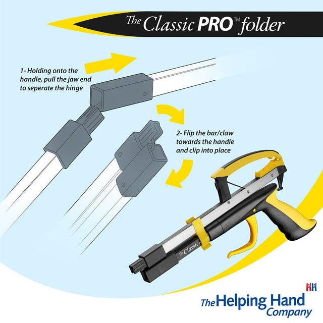 Diagram der viser hvordan den sorte og gule foldbare gribetang fra Helping Hand foldes ud