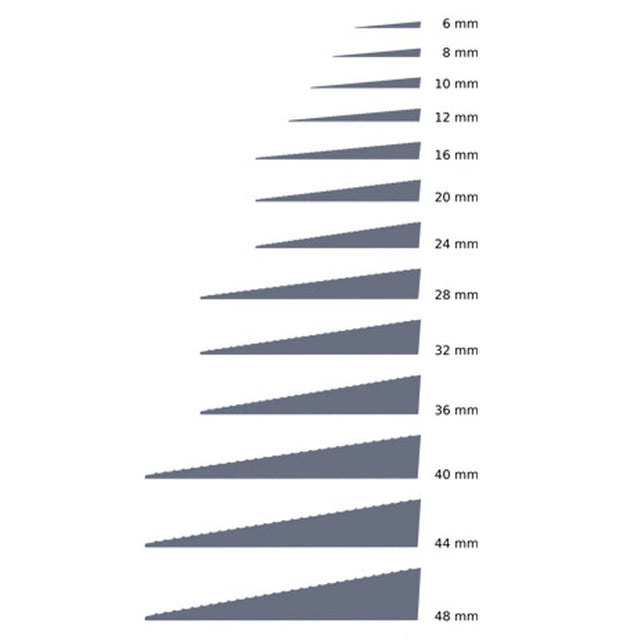 Diagram som visar olika höjder på gummirampen, från 6 mm till 48 mm