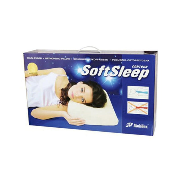 Emballage til SoftSleep Contour pude med billede af kvinde, der ligger på puden, og Mobilex logo