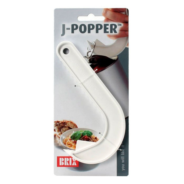 J-popper ringkapsylöppnare i vit och grå detaljförpackning med Brix-logotyp och illustrationer
