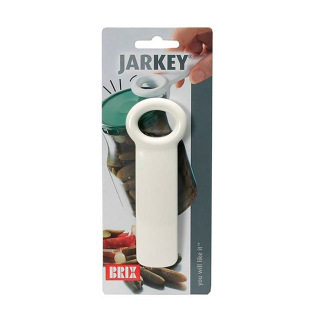 En vit Jarkey burköppnare i sin detaljhandelsförpackning med Brix-logotypen synlig