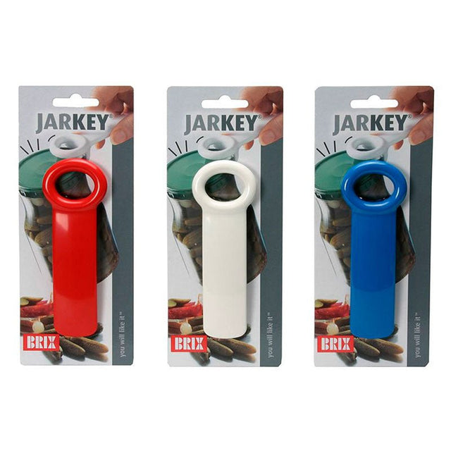 Tre Jarkey locköppnare i rött, vitt och blått, alla i sina individuella förpackningar