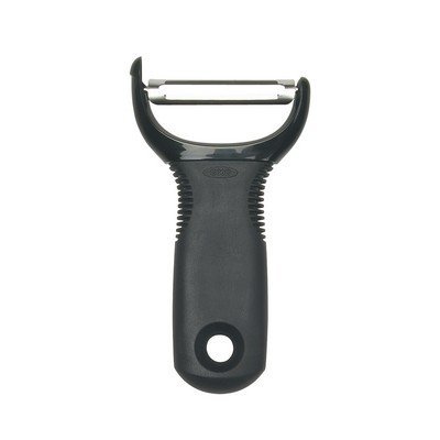 Svart OXO Y-potatisskalare med rostfritt blad och räfflat, ergonomiskt handtag, sedd framifrån