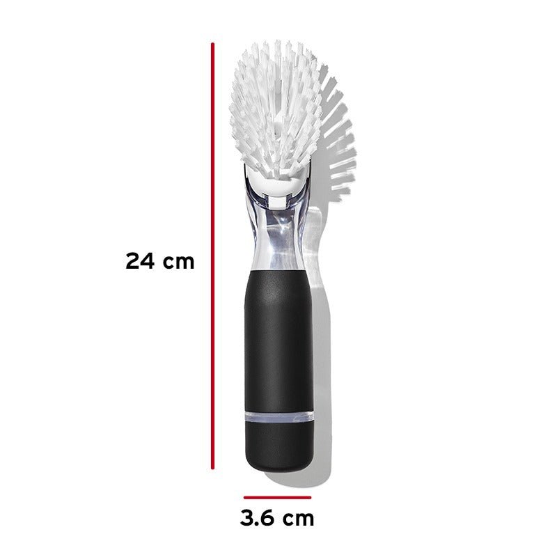 Diskborste med tvåldispenser sedd framifrån, med mått som visar längd 24 cm och bredd 3,6 cm