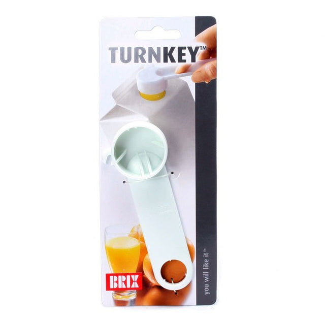 Vit Turnkey skruvlocköppnare i sin detaljhandelsförpackning, med Brix-logotyp och bild på orange juice
