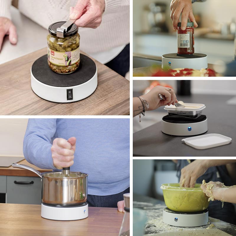 Kollage visar Easy-Up® hållaren som används för att öppna burkar, hålla kastruller och blanda deg