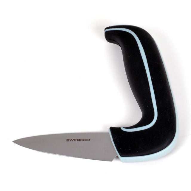 Ergonomisk grönsakskniv med svart halkfritt handtag och ljusblå kant, rostfritt stålblad