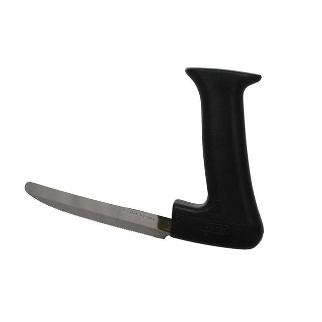 Ergonomisk grönsakskniv från Stirex med svart vinklat handtag och silverfärgat tandat blad, sedd från sidan