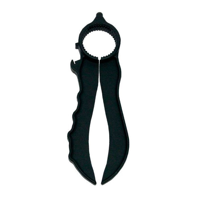 Svart multiöppnare med ergonomiskt handtag och räfflad greppyta för burk- och flasklock