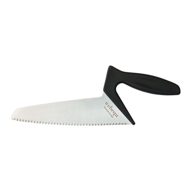 Ergonomisk brödkniv från Webequ med svart vinklat handtag och silverfärgat sågtandat blad