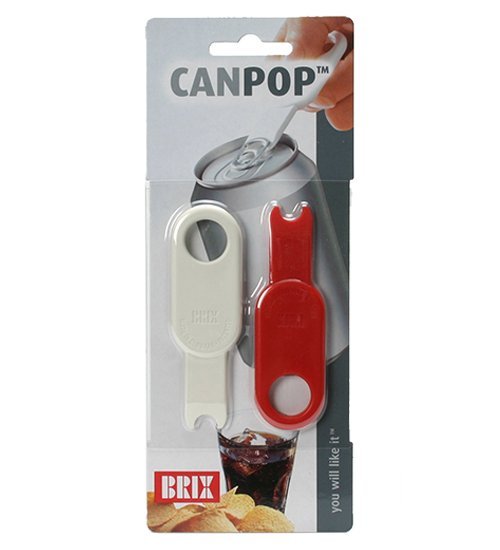 Ett 2-pack CanPop burköppnare, vit och röd, i sin detaljhandelsförpackning med Brix logotyp