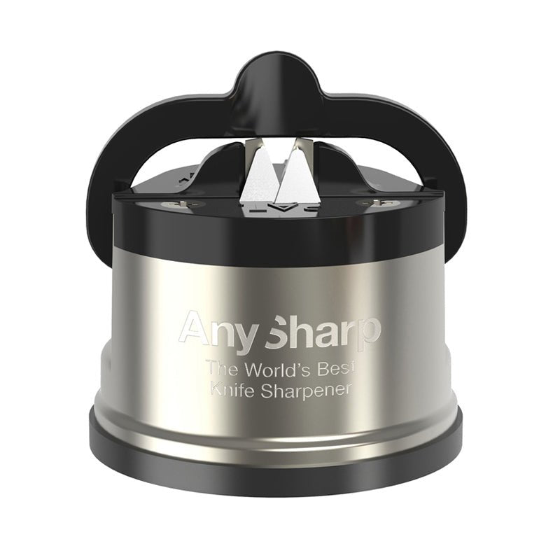 AnySharp PRO knivslip i silver och svart design, sedd framifrån med slipbladen synliga