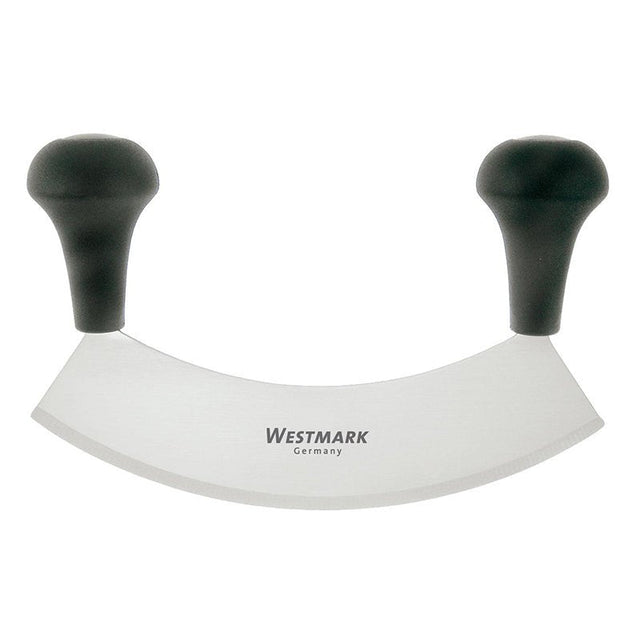 Örtvagga i rostfritt stål med böjt blad och två svarta ergonomiska handtag, sedd framifrån