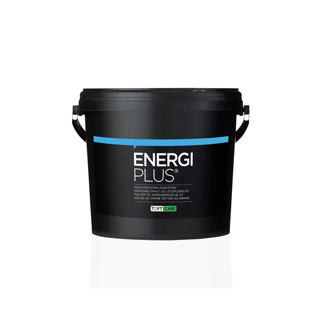 Svart Toft Care Energi-Plus energitillskott hink med blått band och vit text, sedd framifrån