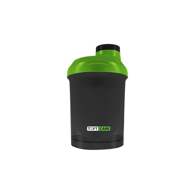Svart shaker för proteinpulver med grön topp och svart lock, märkt Toft Care, framifrån
