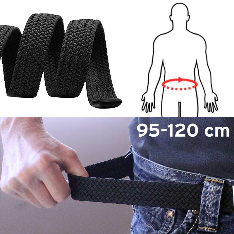 Ett flexibelt svart elastiskt bälte i flätat mönster, visat i jeans och med diagram för midjemått 95-120 cm