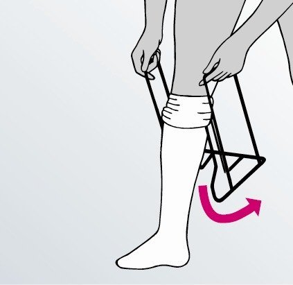 Illustration av strumpstativet som tas bort från benet, med strumpan nästan helt på plats